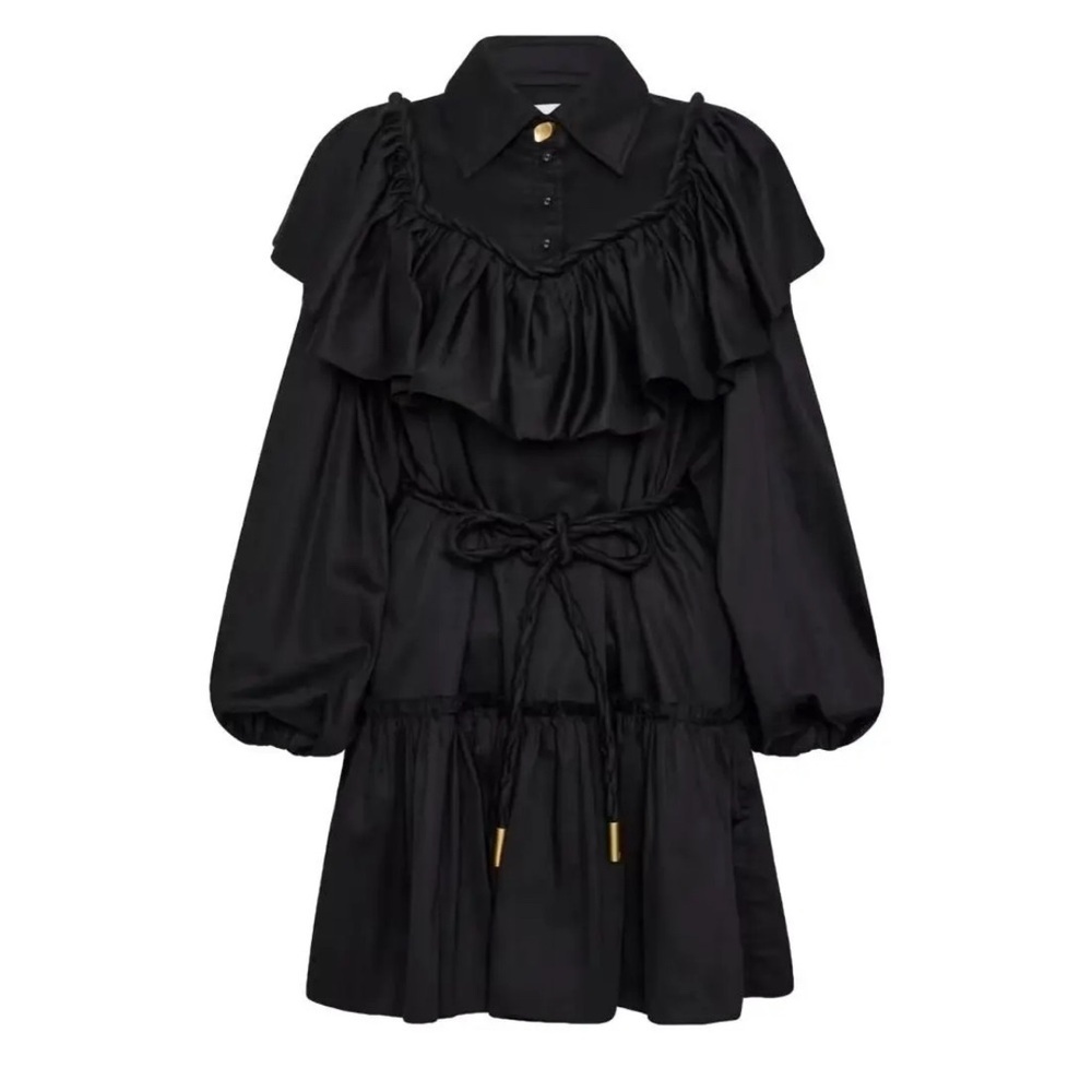 Aje Dahlia Flounce Long Sleeve Mini Dress – Black (Size 10)